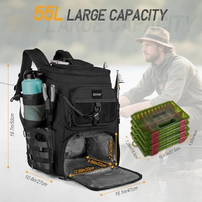 Goture Fishing Backpack with 4 Tackle Boxes,55L Tackle Backpack with Cooler