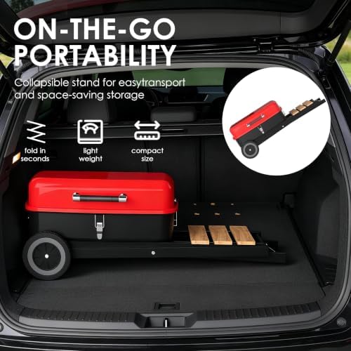 TEENO Charcoal Grill with Wheels | Folding BBQ Grill with Wooden Side Table & Bottom Storage Shelf | 2-in-1 Detachable Tabletop Smoker for Camping Picnic Patio Backyard | Portable Suitcase