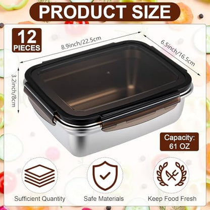 12 Pcs 61oz/ 1800 ml 304 Stainless Steel Food Containers with Lid, FDA Registered Airtight Lunch Container Reusable Meal Prep Storage Box Freezer/Dishwasher Safe for Home Kitchen