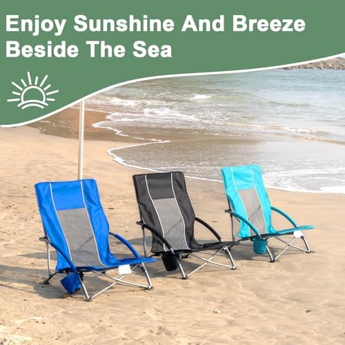 Romswi Low Beach Chairs for Adults 2 Pack, Lightweight Folding Sand Chairs with Breathable Mesh Back & Cup Holder, Portable Compact Camping Chairs, 300lbs Capacity,Black