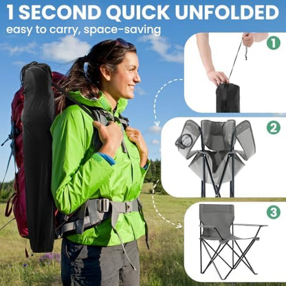 4 Pack Folding Camping Chairs for Outdoor, Foldable Portable Lawn Chairs with Carry Bag & Cup Holder, Compact Design for Camp, Beach, Picnics, and Fishing Supports 300LBS（Grey）