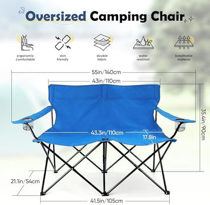 HaSteeL Folding Camping Chair, Double Seat Foldable Camp Chair for 2 Persons, Portable & Large for Outdoor Fishing, Hiking, Travel, Picnic, Beach, Lawn, Patio, Include Storage Bag (Blue)