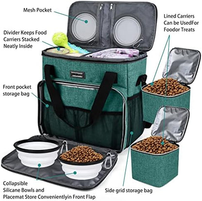 BAGLHER Pet Travel Set Airline-Approved Carrier for Small/Medium Cats & Dogs + Travel Bag with Food Containers & Silicone Bowls, Grey & Green