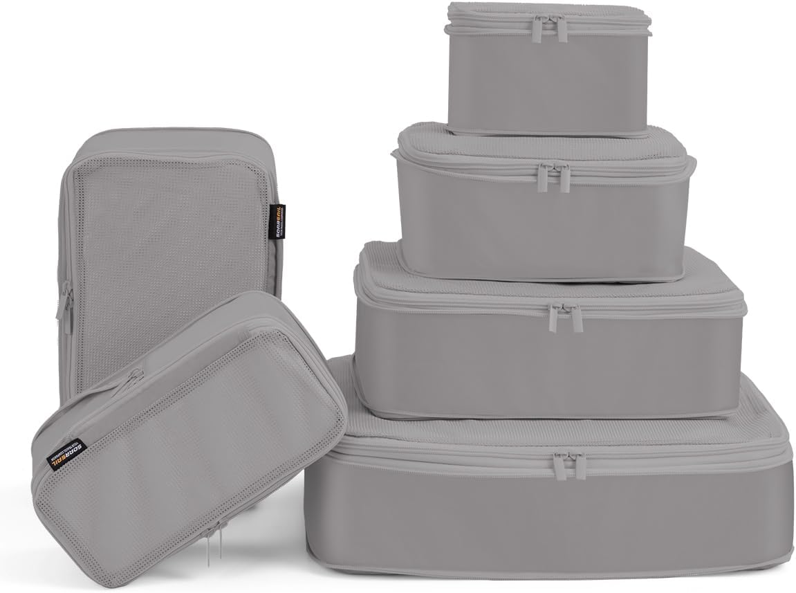 6 Set Compression Packing Cubes for Travel, Large Medium Small Luggage Organizers, Storage Bags for Clothes (6 Pack, Silver Gray)