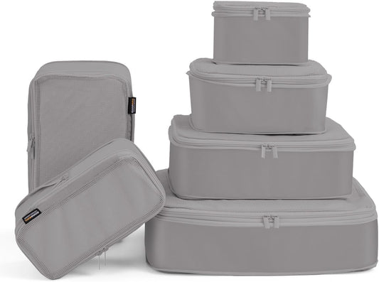 6 Set Compression Packing Cubes for Travel, Large Medium Small Luggage Organizers, Storage Bags for Clothes (6 Pack, Silver Gray)