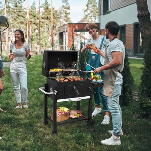 45.6" Portable Charcoal Grill,Metal Outdoor Barbecue Smoker,Heavy Duty Outdoor BBQ Grill,Vertical Camping Barbecue Grill,with Foldable Side Table & Wheels,for Garden Patio Beach Backyard (Black)