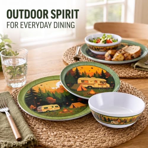 12-Piece Melamine Dinnerware Set for 4, Camping Plates and Bowls for RV Use