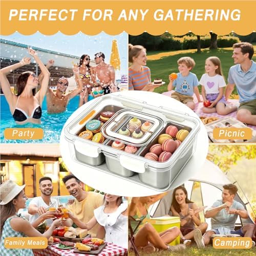 Snackle Box Container, Stainless Steel Divided Serving Tray with Lid and Handle, Large Snack Tray for Fruit Veggie Candy, 3-Compartment Snack Platter for Travel Party Beach Picnic