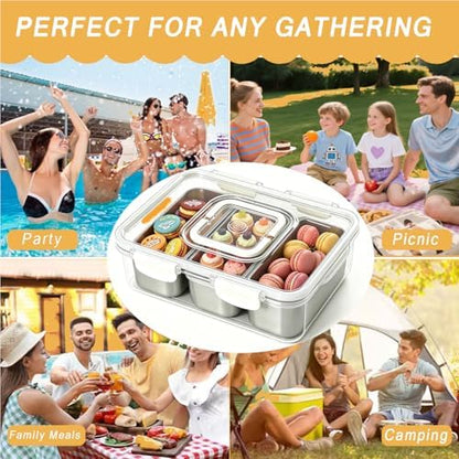 Snackle Box Container, Stainless Steel Divided Serving Tray with Lid and Handle, Large Snack Tray for Fruit Veggie Candy, 3-Compartment Snack Platter for Travel Party Beach Picnic