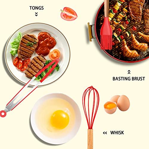 MIBOTE Silicone Cooking Kitchen Utensils Set, Wooden Handle, Red
