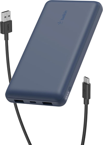 Belkin Portable Charger, USB C Power Bank 20000 mAh w/ 2 USB-A Ports, 15W w/ Type-A to Type-C Cable for iPhone 16, 15, Plus, Pro, Max, Samsung Galaxy S25, S24, Google Pixel 10, iPad, etc. - Blue