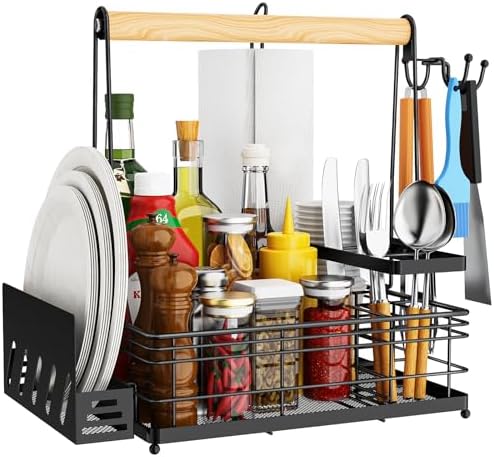 JBBTOOL Grill Caddy, BBQ Caddy with Paper Towel Holder & Utensil Holder, Picnic Caddy Organizer for Outdoor Cooking, Camping Essentials, Tailgating, Camping Must-Have for Patio, RV, Camper