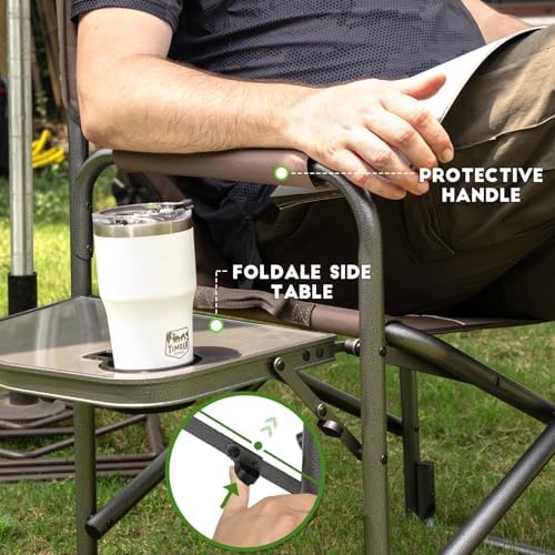 Timber Ridge Aluminum Oversized Camping Chair, Lightweight Portable Directors Chair with Side Table Detachable Side Pocket for Outdoor Camping, Lawn, Picnic, Support 400lbs Tan