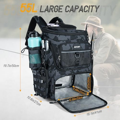 Goture Fishing Backpack with Cooler,55L 900D Tackle Backpack & Rod Holders