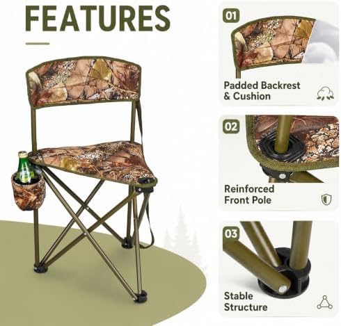 2 Pack Camo Hunting Chairs,Folding Tripod Camping Chair with Backrests,Portable Lightweight for Blinds,Fishing,Hiking,Golf Watching