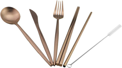 Gugrida Reusable Travel Utensils, 7 Piece Portable 304 Stainless Steel including Knife Fork Spoon Chopsticks Cleaning Brush Straws Portable Pouch, Eco-friendly Camping Silverware Set, Dishwasher Safe