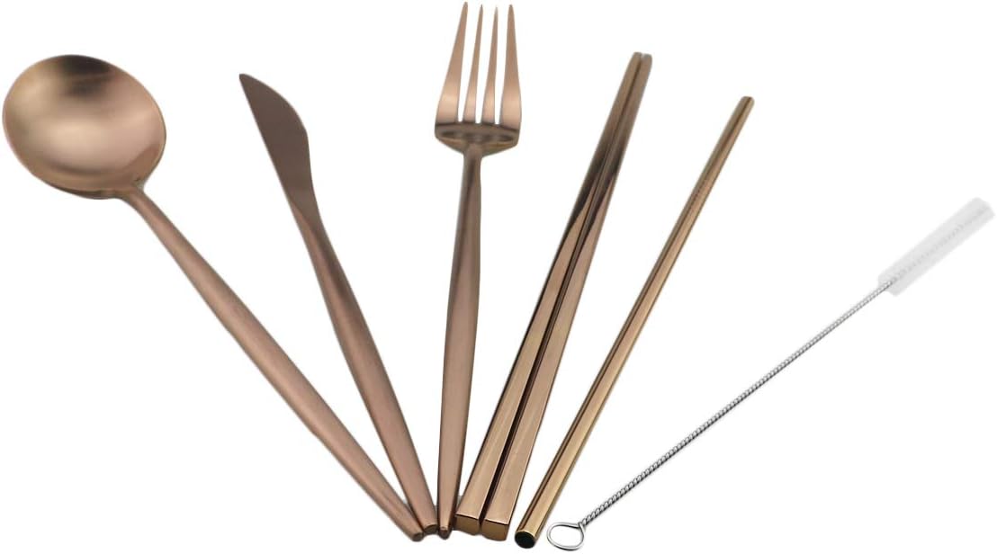 Gugrida Luxury Rose Gold Matte Portable 18/10 Stainless Steel Travel Flatware Sets of 7 Portable Camping Cutlery Set, Healthy & Eco-Friendly Flatware Set with Carrying Case for Travel or Camping
