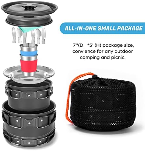 Odoland 15pcs Camping Cookware Mess Kit, Non-Stick Lightweight Pots Pan Set with Stainless Steel Cups Plates Forks Knives Spoons for Camping, Backpacking, Outdoor Cooking and Picnic