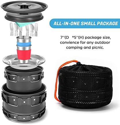 Odoland 15pcs Camping Cookware Mess Kit, Non-Stick Lightweight Pots Pan Set with Stainless Steel Cups Plates Forks Knives Spoons for Camping, Backpacking, Outdoor Cooking and Picnic