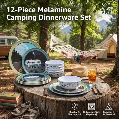 Melamine Dinnerware Set, 12-Piece Camping Dishes, Service for 4