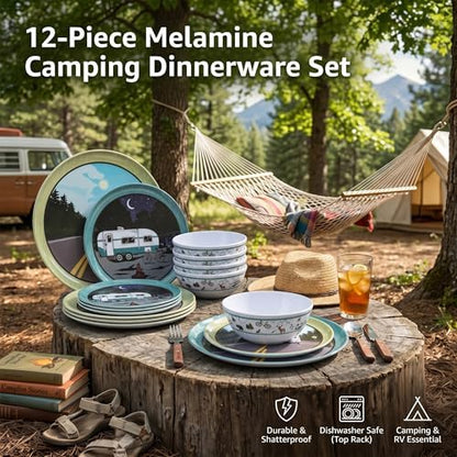 Melamine Dinnerware Set, 12-Piece Camping Dishes, Service for 4