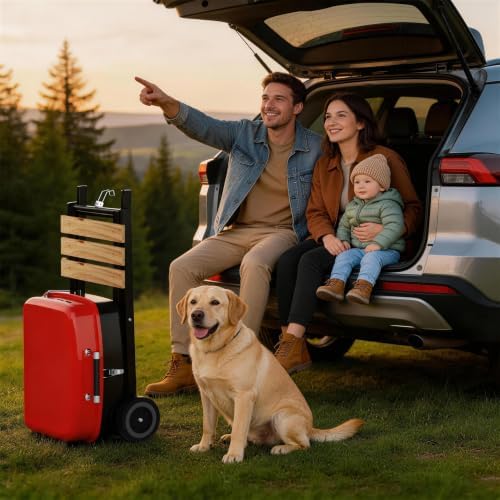 TEENO Charcoal Grill with Wheels | Folding BBQ Grill with Wooden Side Table & Bottom Storage Shelf | 2-in-1 Detachable Tabletop Smoker for Camping Picnic Patio Backyard | Portable Suitcase