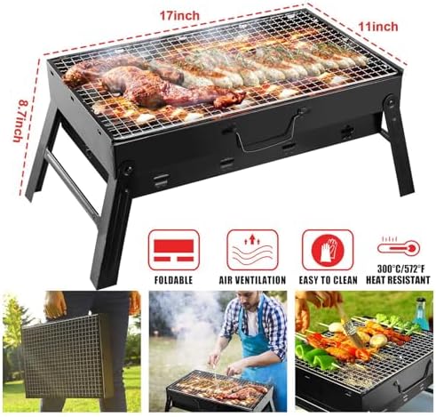 KOCASO Portable Charcoal Grill Foldable - Lightweight BBQ Smoker Grill for Camping, Tailgating, Picnics & Outdoor Grilling, Compact Design with Removable Ash Catcher