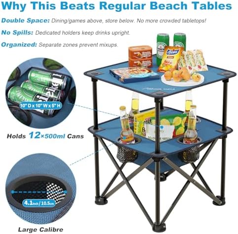 Folding Camping Table, Portable Outdoor Picnic Table, Lightweight Square Camp Table with Built-in 4 Cup Holders Food Basket and Travel Bag for Barbeque Beach Camping and Tailgate Blue