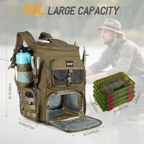 Goture Fishing Backpack with 4 Tackle Boxes,55L Tackle Backpack with Cooler