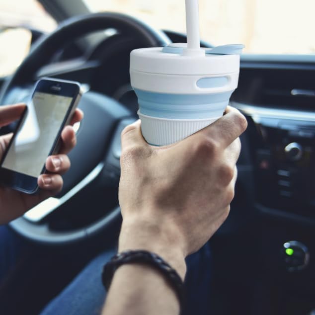 Silicone Collapsible Travel Mug Blue 15oz / 450ml - Leak-Proof Reusable Silicone Water Bottle for Hot and Cold Beverages - Travel Office and Home - Dishwasher Safe - Straw Included