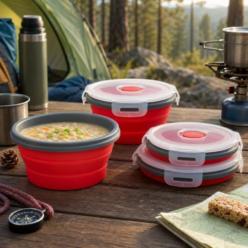 Guyuyii 4 Pack Food-Grade Silicone Collapsible Bowls with Lids for Camping
