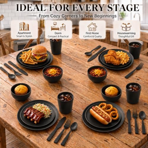 56 Piece Plates and Bowls Sets for 8, Kitchen Dinnerware Sets, Plastic