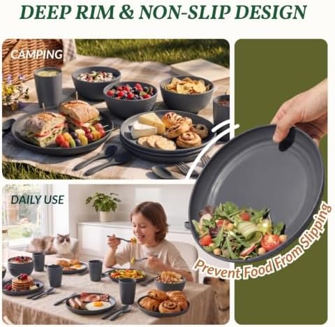 Wheat Straw Dinnerware Sets, Homienly 20pcs Unbreakable Microwave Dishwasher Safe Tableware Lightweight Bowls, Cups, Plates Set Reusable Dinner Plates Bowls set (Dark Grey)