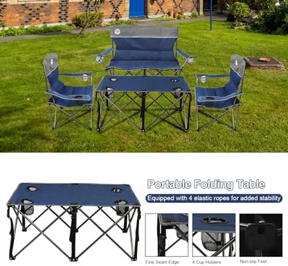 Northroad Folding Camping Chair Set of 4,Portable Collapsible Conversation Set w/1 Sofa,2 Single Chairs and 1 Table for Family Patio,Outdoor Travel,Beach(Blue)