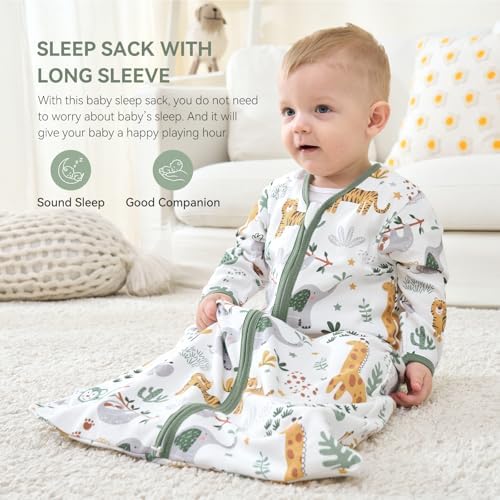 Baby Sleep Sack 6-12 Months, Long Sleeve Baby Wearable Blanket 0.5 Tog with Mittens, 2-Way Zipper Infant Cotton Sleeping Sack for Boy and Girl Green Giraffe 2 Pack (Medium)