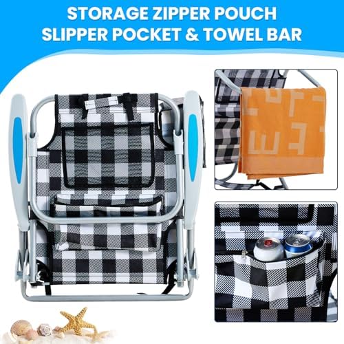 2 Pack Lightweight Portable Camping Beach Chair for Adults, Outdoor Lay Flat Folding Beach Chairs with 5 Positions, Backpack Beach Chair with Towel Bar, Zipper Pouch, Cup Holder, Plaid