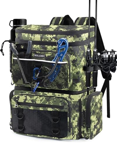 HXLGMD Fishing Backpack with Rod Holders, Double Layer Large Water-resistant Tackle Bag Store Gear with Cooler, Green
