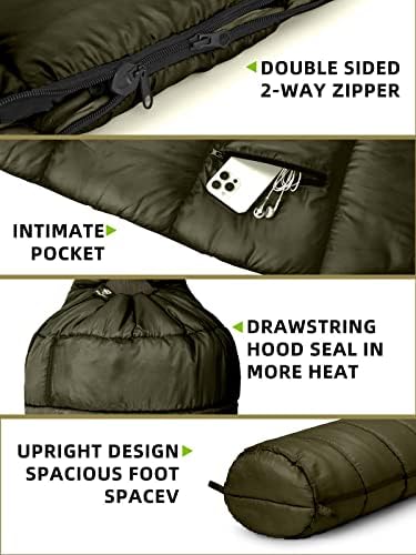 Bessport Mummy Sleeping Bag | 15-45 ℉ Extreme 3-4 Season Sleeping Bag for Adults Cold Weather– Warm and Washable, for Hiking Traveling & Outdoor Activities