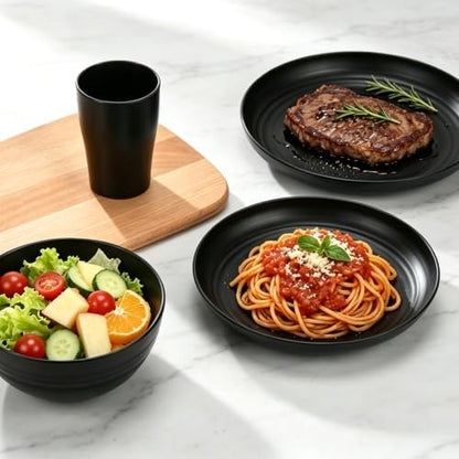 16Pcs Black Unbreakable Dinnerware Set Plates Bowls Cups for 4
