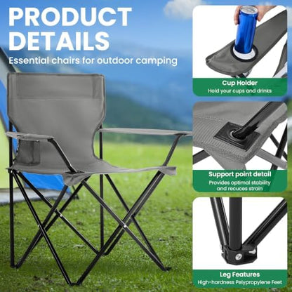 4 Pack Folding Camping Chairs for Outdoor, Foldable Portable Lawn Chairs with Carry Bag & Cup Holder, Compact Design for Camp, Beach, Picnics, and Fishing Supports 300LBS（Grey）
