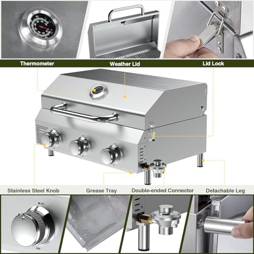 Bestfire 3-Burner Tabletop Propane Gas Grill with Dual Connections, 30,000 BTU Portable Propane Grill Fits Large Cylinders & Small Canisters, Knobs, Compact Design for Camping, RV, BBQ