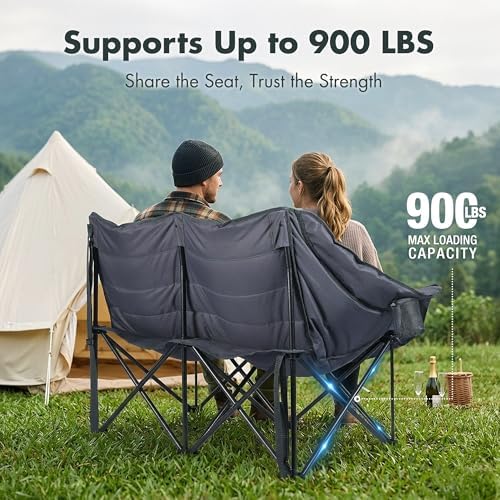 VILLEY Oversized Double Camping Chair, Heavy-Duty Folding Loveseat, Grey