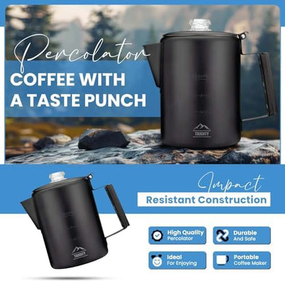 Toughty Yosemite Stovetop Coffee Percolator, 9 Cup, Black Matte
