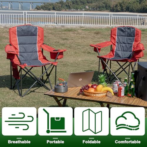 Oversized Padded High Back Camping Chairs,2 Pcs Heavy Duty Folding Chairs Support 500LBS with Cooler Bag,Cup Holder Cooler Bag, Collapsible Chairs for Outdoor, Tailgate, Fishing, Red