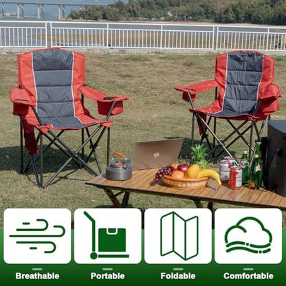 Oversized Padded High Back Camping Chairs,2 Pcs Heavy Duty Folding Chairs Support 500LBS with Cooler Bag,Cup Holder Cooler Bag, Collapsible Chairs for Outdoor, Tailgate, Fishing, Red