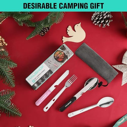 HAUSHOF 4-in-1 Camping Utensil, Stainless Steel Travel Utensil Set with Bag
