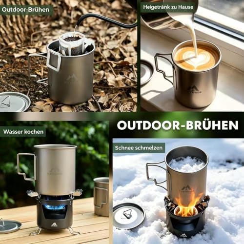 THTYBROS Titanium Cup Ultralight Camping Mug with Foldable Handle & Lid, Pure Titanium Cookware for Outdoor Hiking, Backpacking, Picnic, and Campfire