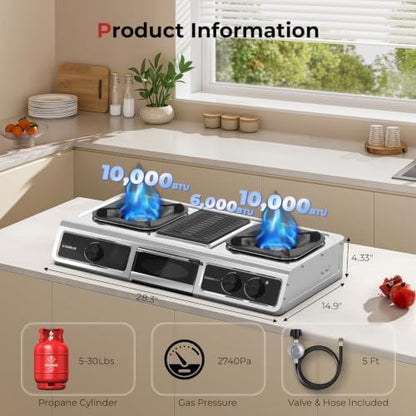 CAMPLUX 3 Burner with 1 Grill Plate Propane Gas Cooktop Stove, 26,000 BTU Stainless Steel Triple Burner Propane Cooktop for Outdoor Kitchen Cooking with CSA Regulator, Estufa de Gas Portatil
