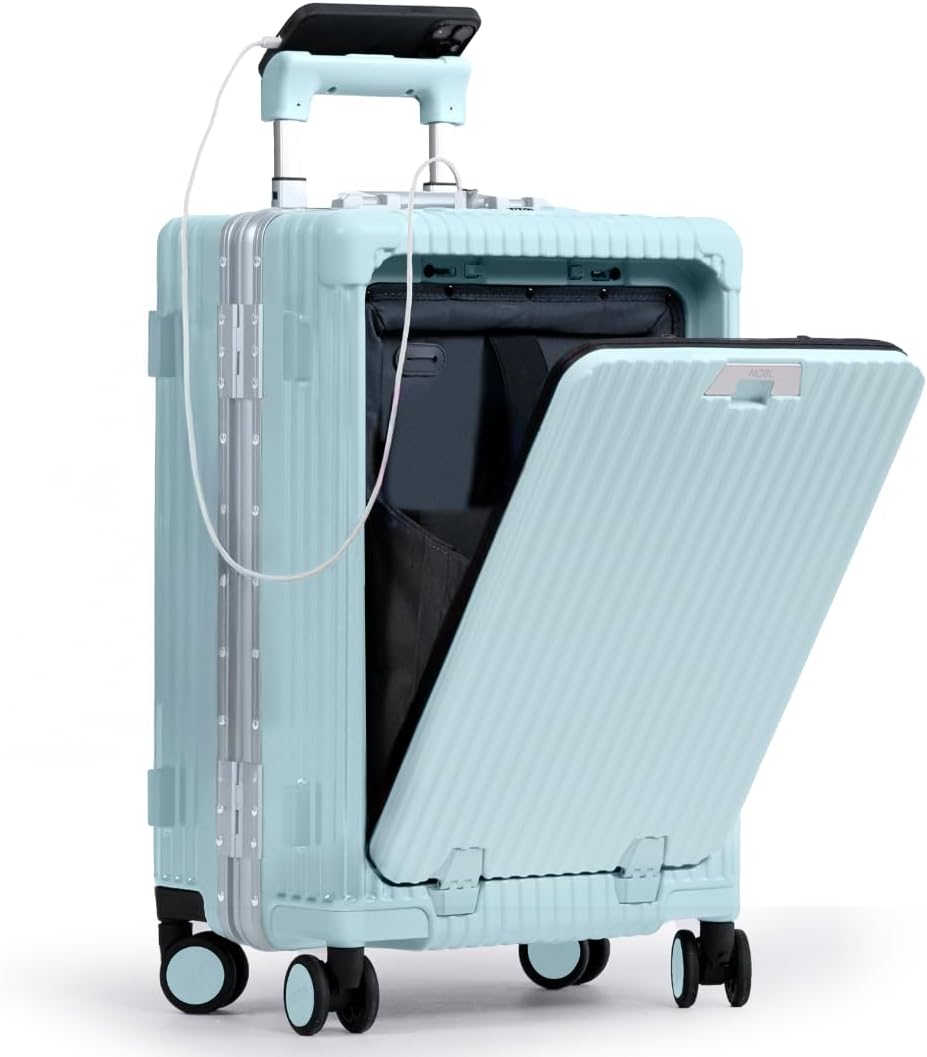 Nobl Travel Carry On Luggage, Noble Zipperless Aluminum Frame PC Hard Shell Suitcase, 22.5x15x9.5 Airline Approved, 360° Spinner Wheels, TSA Locks, USB Charging Port, Cup & Phone Holder - Baby Blue