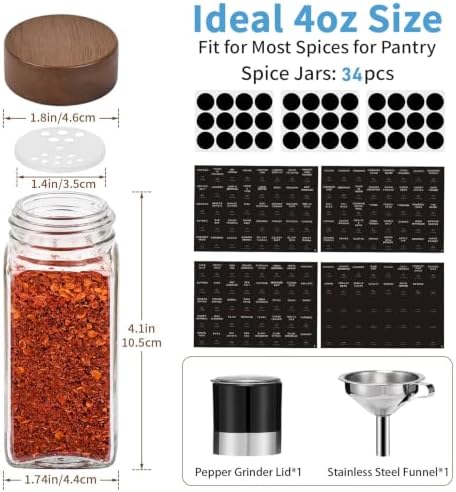 Yangbaga Glass Spice Jars with Labels, 34pcs 4oz Seasoning Organizer Jars